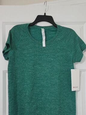 lululemon athletica Green Striped Short Sleeve Tee
